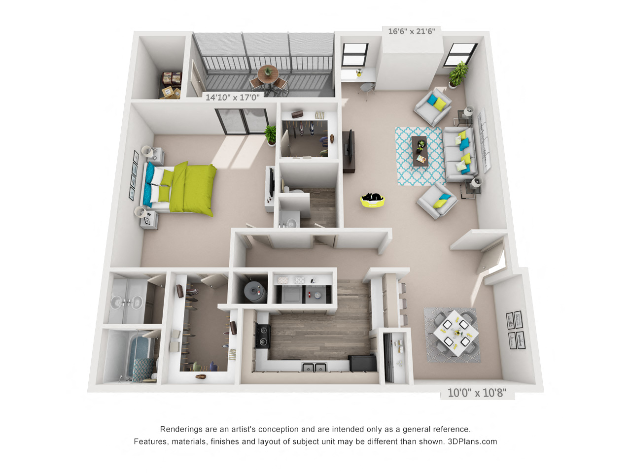 Floor plan for 1 bed, 1.5 baths, 1212 sqft